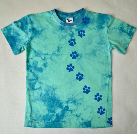 Dětské tričko se stopami (10 let) pes modrá batika kočka triko dětské kočičí tričko mentolová psí stopy stopa 