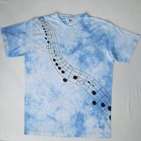 Šedo-bílé triko s notovou osnovou L modrá batika černá triko šedá tričko hudba hudební melír nota notová osnova 