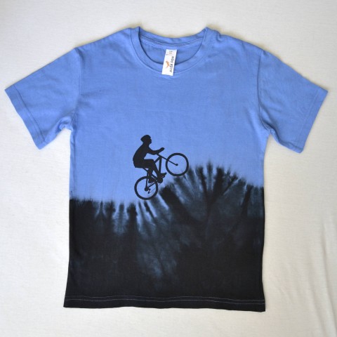 Dětské tričko s cyklistou (vel.134) modrá batika triko dětské tričko kolo cyklista cyklistika horské kolo 