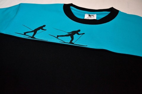 Tyrkysovo-černé tričko s běžkaři M červená bílá černá triko tričko lyžař běžky běžkař běžkařské 