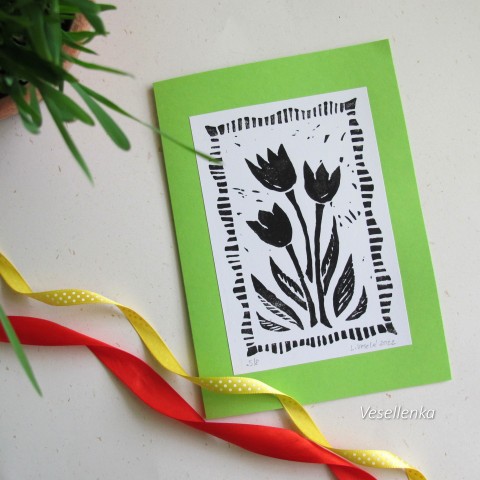Přání Tulipány - linoryt květy přání vyšívání jaro velikonoce výšivka tulipán dopis 