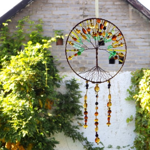 Lapač světla - strom života dekorace přírodní hnědá závěs žlutá medová ochránce sny do bytu boho lapač lapač snů dream catcher suncatcher lapač světla 