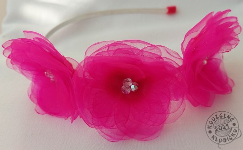 Čelenka s 3 kvítky růžová reflexní květ čelenka organza kvítek filc kovová čelenka čelenka s květem čelenka s broží 