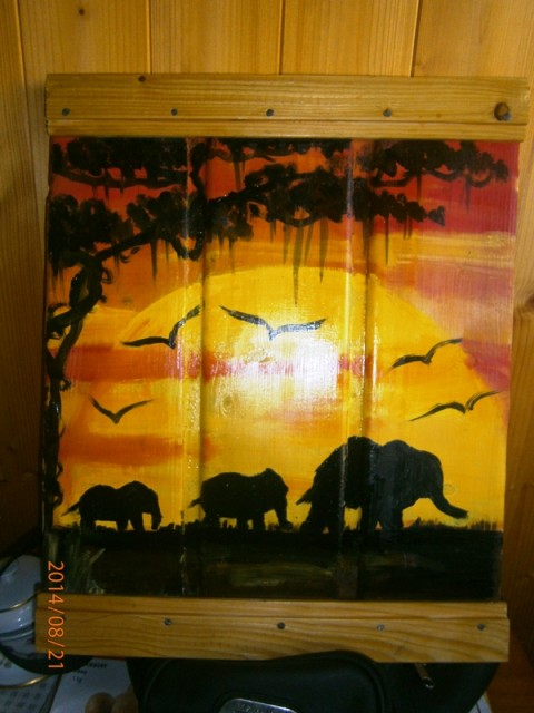 Dřevěná dekorace - Sloni při západu sloni západ slunce 