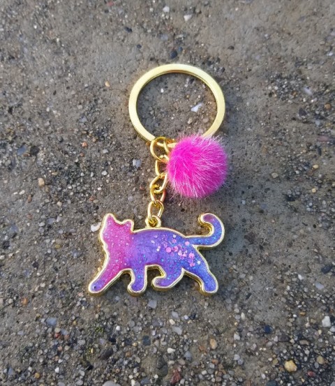 Kočička - pink přívěsek kamínky kočka kočička kotě galaxie bambulka na kabelku na klíče 