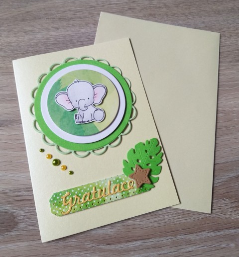 Přání No.37 list mašle přání blahopřání slon slůně scrapbook lísteček sloník přáníčko gratulace pro radost pro štěstí džungle s obrázkem slůňátko embosování 