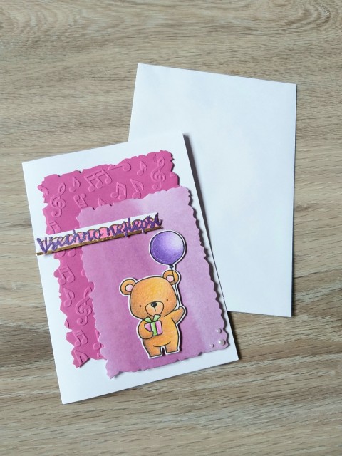 Přání No.40 stuha mašle přání blahopřání medvídek méďa medvěd štěně scrapbook přáníčko gratulace pro radost puntíčky pro štěstí s obrázkem embosování 