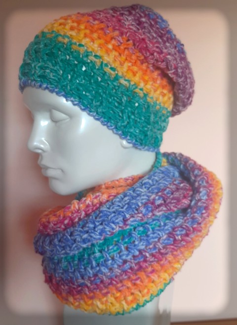 Nákrčník + čepice - set no.3 zima pletení akryl šátek šál pestrobarevný módní doplněk pro zahřátí 