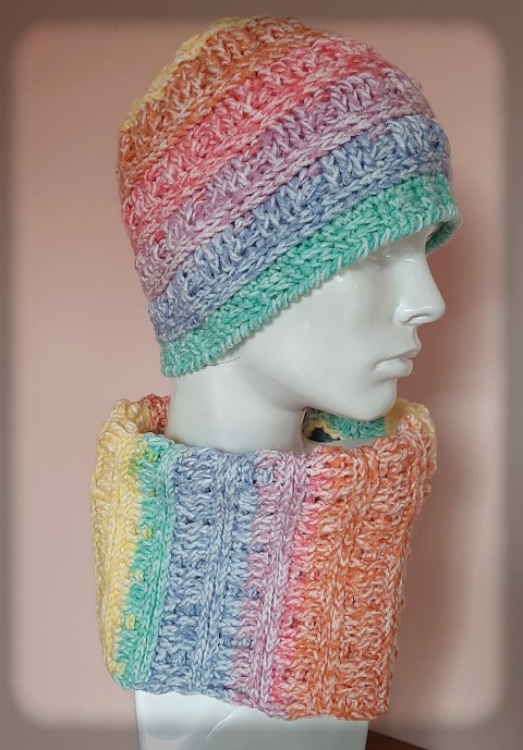Nákrčník + čepice - set no.7 zima pletení akryl šátek šál pestrobarevný módní doplněk pro zahřátí 