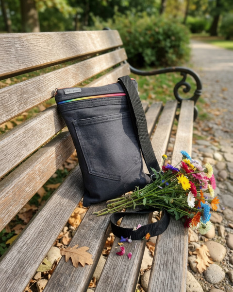 Džínová crossbody taška - černá 2 kabelka taška recyklace černá sportovní taštička kapsička duha zip kapsa džínovina do města džíny na drobnosti crossbody 