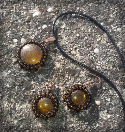 Kronos - sada šperků šperk náhrdelník korálky doplněk náušnice sklo sada patina měděná originál kabošon autorský šperk čočky 