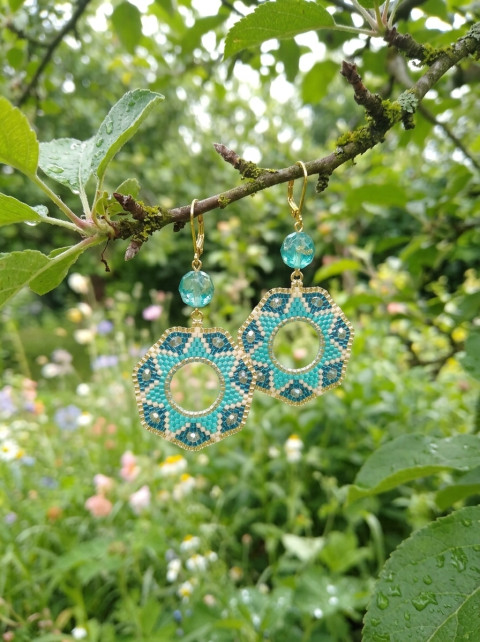 Alhambra - tyrkysové náušnice kruh šperk korálky doplněk náušnice květ elegance kroužek geometrie cihlový steh brick stitch toho treasure 