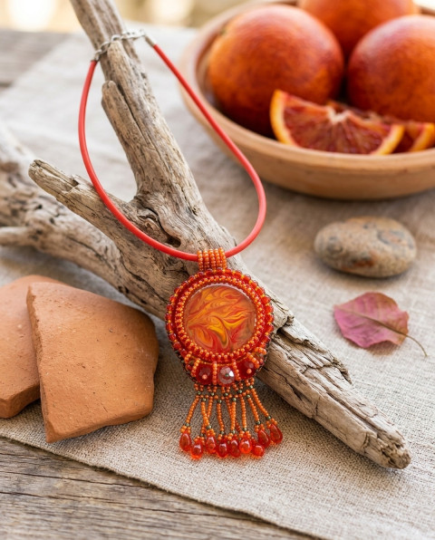 Red orange - náhrdelník šperk náhrdelník doplněk fantazie barvy pomeranč malovaný pestrobarevný kabošon energie nápadný 