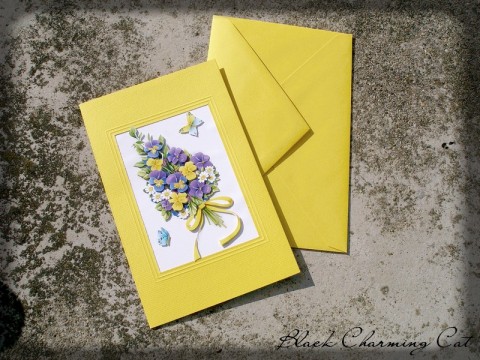 Přáníčko - macešky květy narozeniny svátek přání žlutá kytky kytice macešky 3d přáníčko 