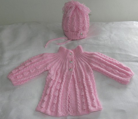 děský kabátek s čepičkou pink čepice pletený svetr 