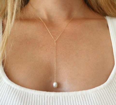 Řetízek ve tvaru Y s perlou (G:F.) náhrdelník talisman dárek řetízek perly zlato perla dlouhý perlový minimalistický 