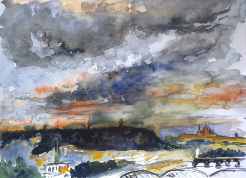 Pohled z Vyšehradu, akvarel malba nebe léto praha bouře mraky mračna akvarel vyšehrad skica 