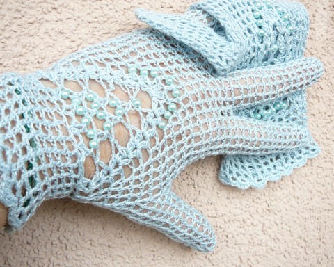 háčkované rukavičky velikost M starobylé rukavičky romantické rukavičky sv.modré háčkované rukavičky 