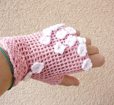 bezprstové háčkované rukavičky bezprstové rukavičky romantické bezprsťáky růžové háčkované rukavičky 