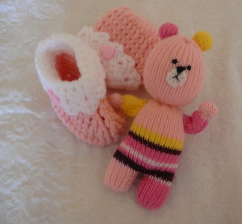 bačkůrky+medvídek růžová bačkůrky pro miminko capačky pletený medvídek 