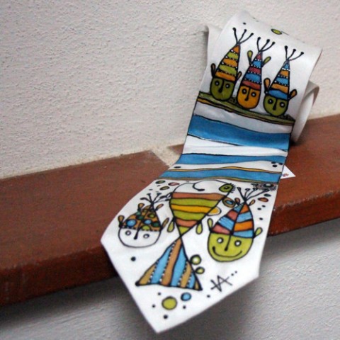 kravata námořnická- ryby originální pestrá kravata hedvábná malovaná veselá svatební let létání padák slavnostní.svatební padáček paragliding 