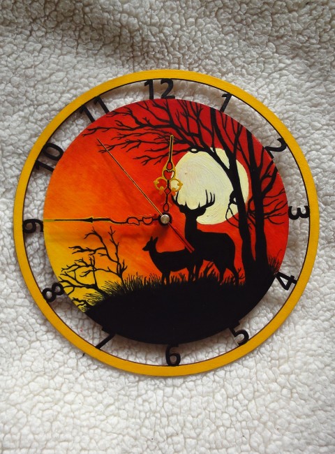 Malované hodiny - SVÍTÁNÍ malované hodiny les svítání jelen nástěnné srna 