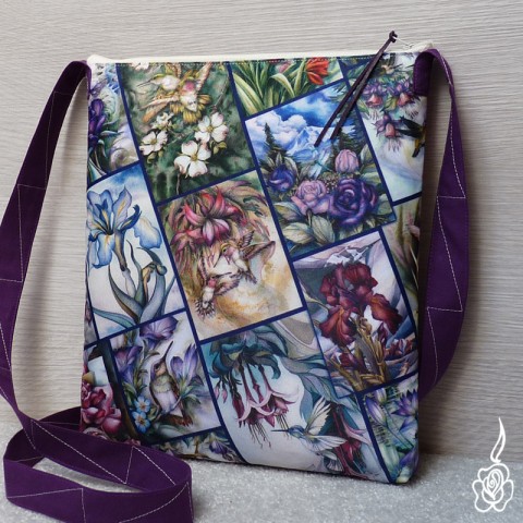 Taška s kolibříky 2 fialová obrázkový barevná taška crossbody barevná kabelka fialová kabelka 